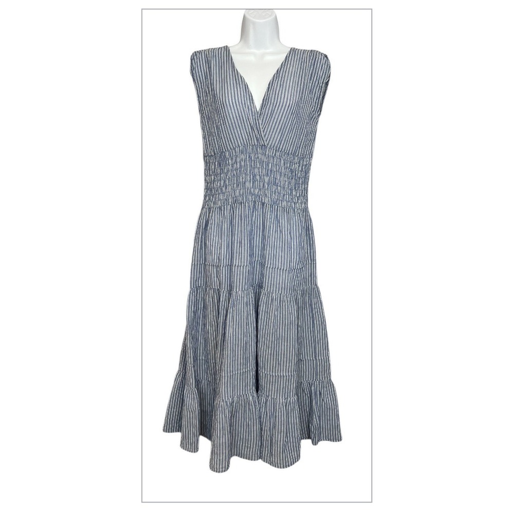Felicite Classic blue white striped v-neck smocked tiered  prairi Coastal dress‎